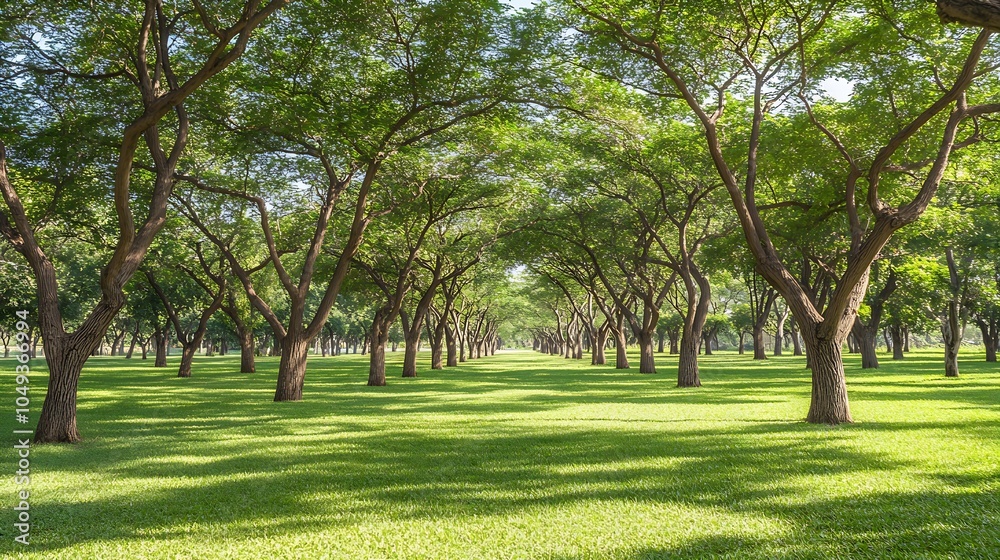 Serene pathway of tall trees in park creating peaceful natural tunnel with lush green foliage and open sky : Generative AI Serene pathway of tall trees in park creating peaceful natural tunnel with lush green foliage and open sky : Generative AI