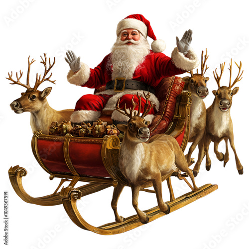 Santa Claus with Sleigh and Reindeer on Transparent Background for Festive Scenes

