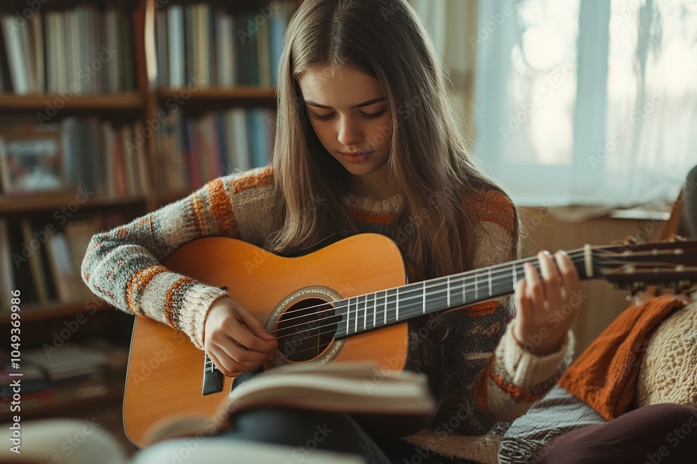 Fototapeta premium Teenage caucasian girl enjoys music while studying at home.generative ai