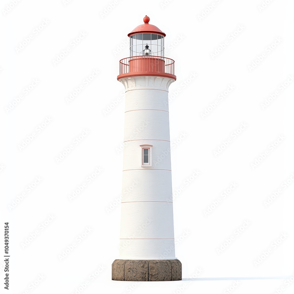 A tall, white lighthouse with a red top, designed to guide ships safely at sea. A tall, white lighthouse with a red top, designed to guide ships safely at sea.