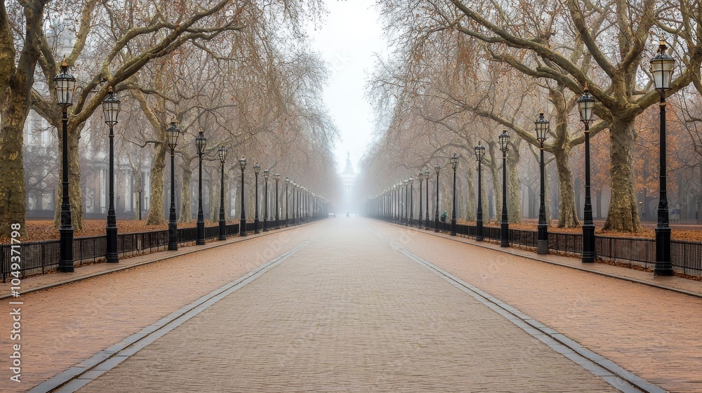Obraz premium Serene Foggy Pathway in Autumn Landscape