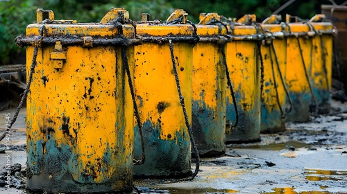 Rows of old rusty electrolytic cells or vats used in the zinc refining process within an abandoned dilapidated industrial factory environment photo