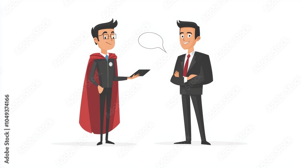 Superhero Businessman Presenting to Colleague Superhero Businessman Presenting to Colleague