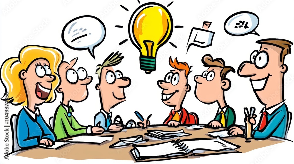 Business Team Brainstorming New Idea with Lightbulb Illustration Business Team Brainstorming New Idea with Lightbulb Illustration