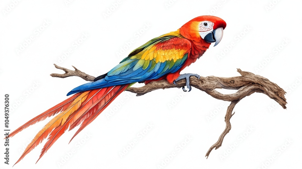 Fototapeta premium Colorful Scarlet Macaw Parrot Perched on Branch Illustration