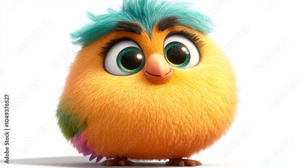 Naklejka premium Cute Yellow Bird Cartoon Character with Blue Hair and Big Eyes