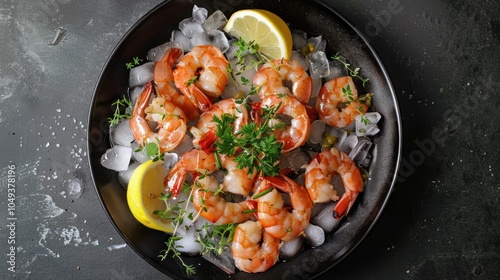 Cooked Shrimp with Lemon, Herbs, and Ice on a Black Plate photo