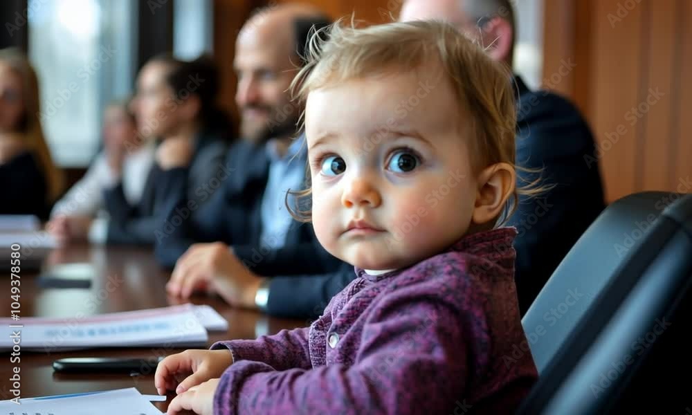 Little girl sitting at a conference table, looking away from camera. Little girl sitting at a conference table, looking away from camera.