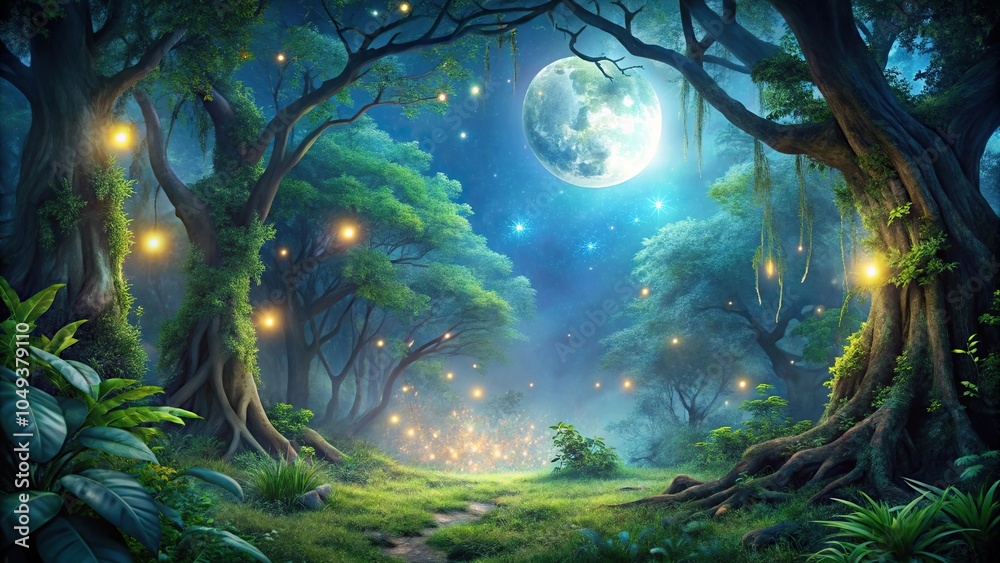 Obraz premium Dense foliage with gnarled tree trunks and twinkling fireflies amidst a moonlit night sky, night, firefly, dark