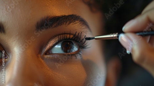 A close-up of an eye with the lashes being plced on, while another person is applying mascara to their eyelashes. The woman's eyebrows and other facial features can be seen in detail.