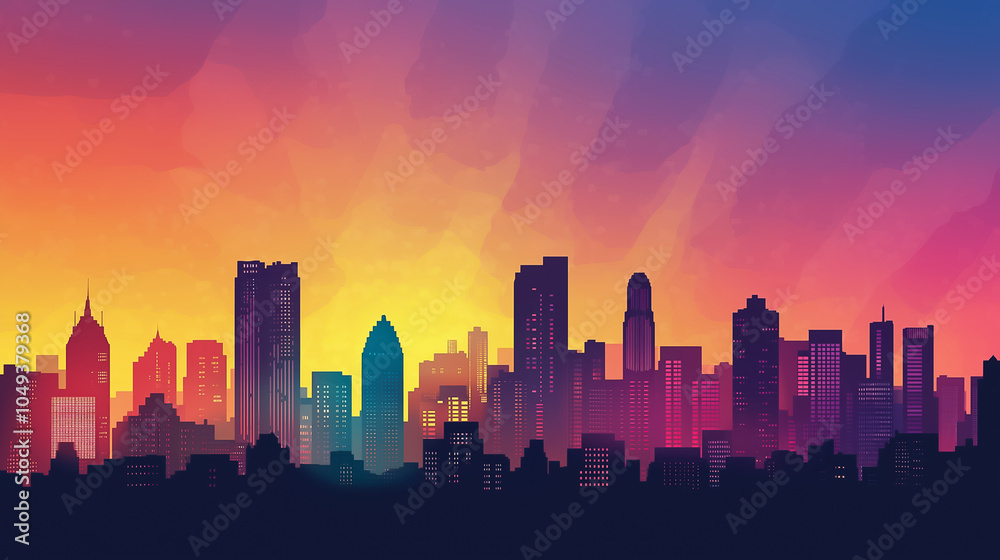 A striking city skyline is illuminated by a colorful sunset, casting silhouettes of various buildings A striking city skyline is illuminated by a colorful sunset, casting silhouettes of various buildings