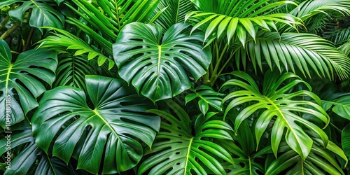 Lush tropical plant bush with monstera, palm, rubber plant, and fern leaves, extreme close-up