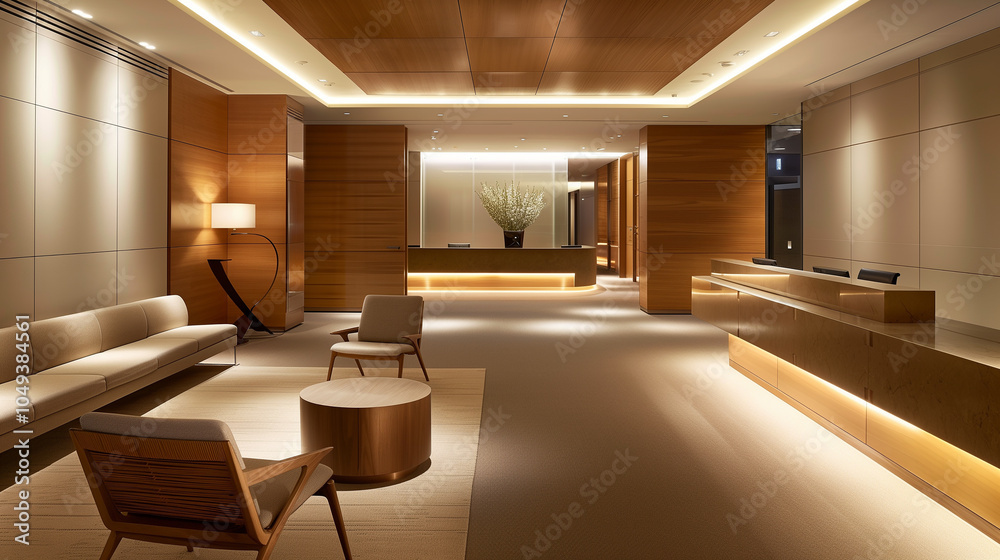 Minimalist office layout with simple, bench-style desks, ergonomic chairs, subtle accent lighting, and a dedicated lounge area with sleek, low-profile furniture. Minimalist office layout with simple, bench-style desks, ergonomic chairs, subtle accent lighting, and a dedicated lounge area with sleek, low-profile furniture.