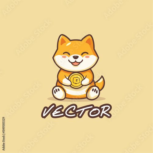 A cute Shiba Inu cartoon holding a Bitcoin coin, on a light beige background with a playful vector style.