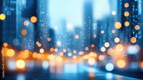 Abstract cityscape with glowing bokeh lights and digital effects