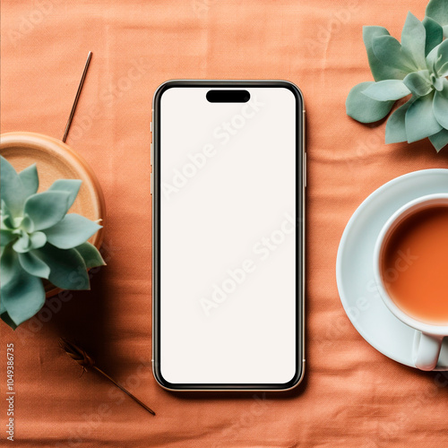 Realistic mockup of black phone on orange background. format top view. For web design photo