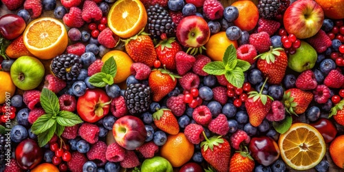 Abstract background with vibrant fruits and berries, colorful, fresh, organic, nutritious, healthy, summer, juicy, assortment