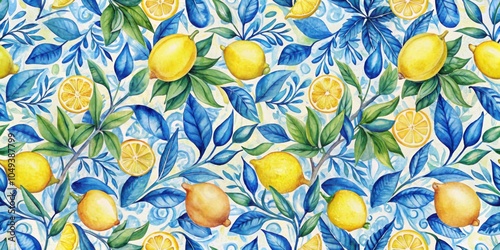 Watercolor seamless pattern with lemons and blue patterns, vintage print, watercolor, seamless, pattern, lemons, blue, vintage