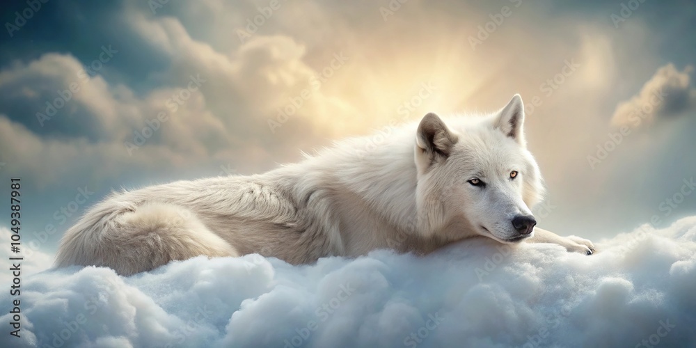 Naklejka premium Tranquil white wolf resting on soft cloud