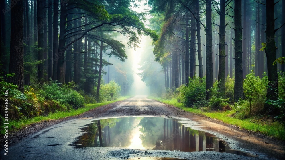 Very wet forest road with large puddle in foggy weather
