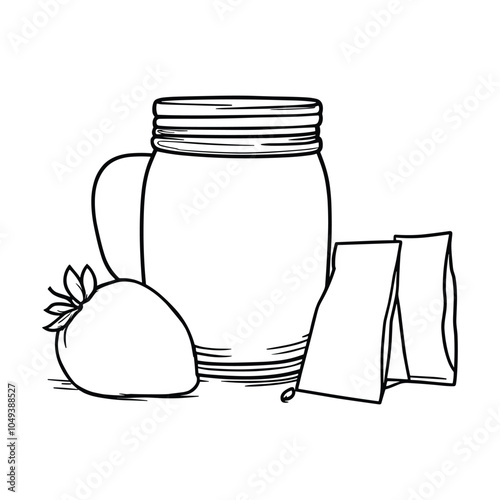 Line illustration of a jug, jar, and fruit, representing organic food, freshness