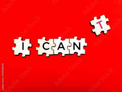 Принти на полотні Concept image of positivity on wood puzzle in red background