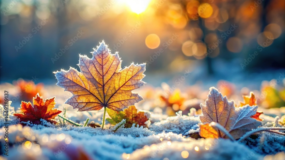 Winter landscape with frozen leaves and plants in the morning light, shot from a low angle Winter landscape with frozen leaves and plants in the morning light, shot from a low angle