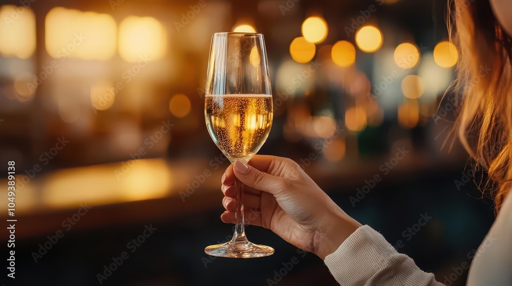 Single woman toasting with a champagne flute in an elegant bar, moody evening setting Single woman toasting with a champagne flute in an elegant bar, moody evening setting