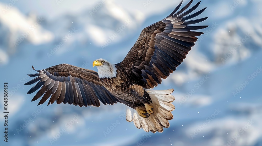 Obraz premium A bald eagle in flight with snow-capped mountains in the background.