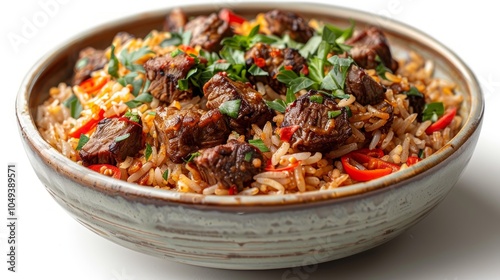 A bowl of rice with beef, red peppers, and parsley.