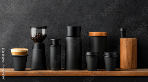 Elegant black coffee containers and accessories on wooden shelf against dark background