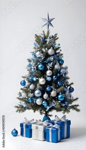 Small Christmas tree with silver and blue decorations