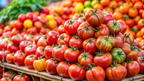 A pile of tomatoes on a summer tray market, selective focus, Tomatoes, pile, agriculture, farm, market, organic, fresh, produce