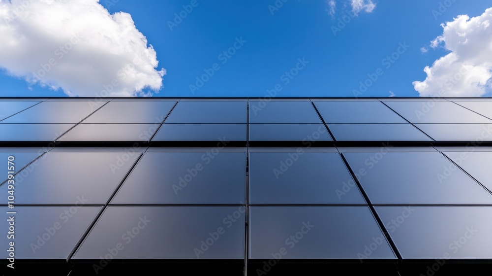 Modern glass facade reflecting blue sky and clouds: contemporary architecture details Modern glass facade reflecting blue sky and clouds: contemporary architecture details