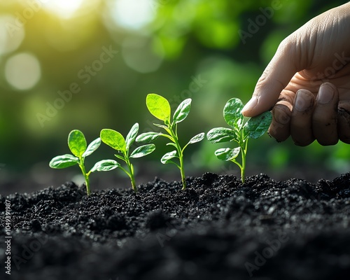 Gardener planting young seedlings in a wellcaredfor garden, highlighting themes of growth, sustainability, and the importance of nurturing the earth photo