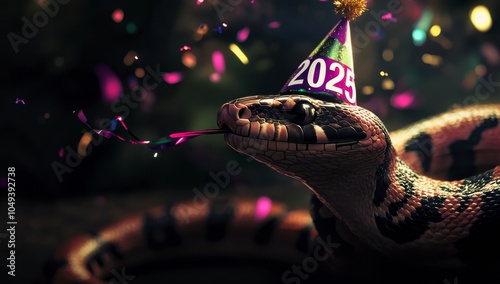 Insanely detailed cute snake in a party hat blowing confetti with '2025' numbers, set against a dark, blurry background for a hyper-realistic New Year's celebration. photo