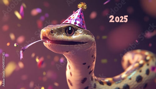 Insanely detailed cute snake in a party hat blowing confetti with '2025' numbers, set against a dark, blurry background for a hyper-realistic New Year's celebration. photo