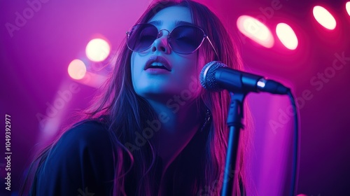 A singer performing on stage with a microphone, illuminated by colorful lights.