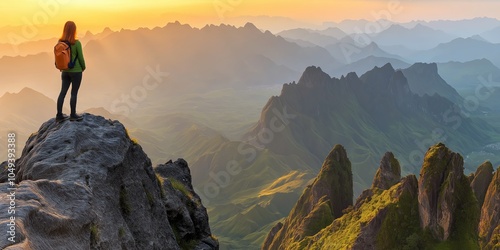 A lone adventurer stands atop a rocky outcrop, gazing at the vast mountain ranges and sunrise lighting the horizon. photo