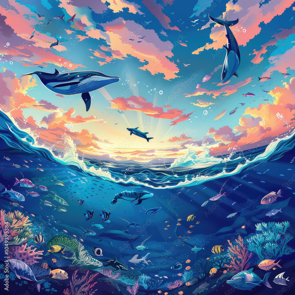 Obraz premium the animation cartoon painting of the world of the sea animal mammals that they are effected by the pollution in the ocean sea water 