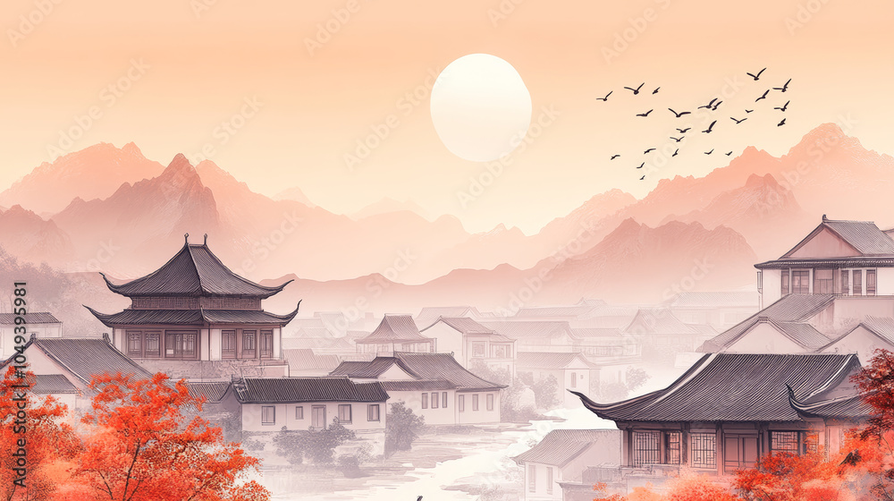 Obraz premium Chinese style ancient town traditional architectural scenery