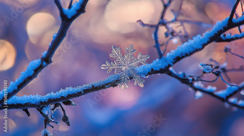 Visão macro de um único floco de neve em um galho nevado photo