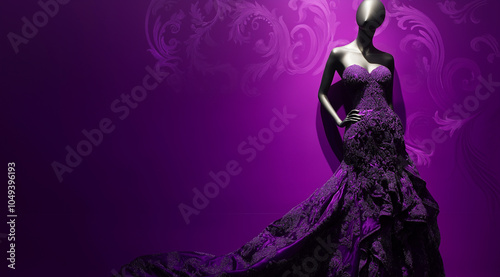 Manequim elegante exibindo deslumbrante vestido de noite roxo, em um cenário roxo rico. Detalhes intrincados e tecido luxuoso criam um apelo visual cativante photo