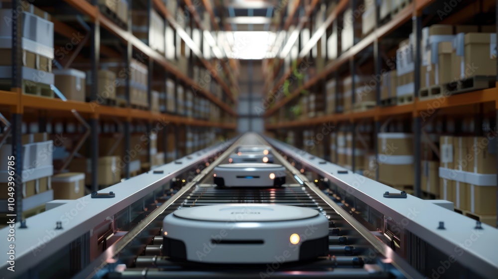 Obraz premium Automated Guided Vehicles Navigating a Warehouse Conveyor System