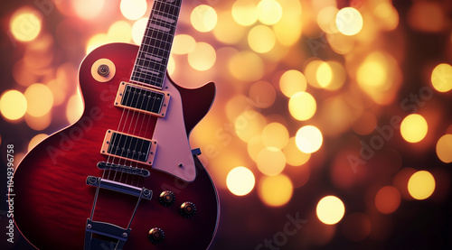 Composição musical de férias com guitarra eletrônica de perto em fundo de concerto desfocado com efeito bokeh