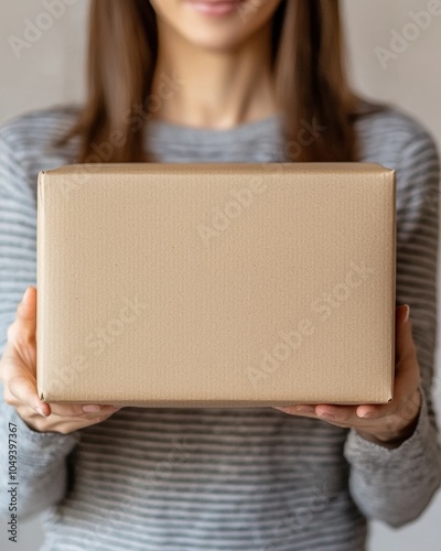 Woman Holding Brown Package in Gray Striped Top