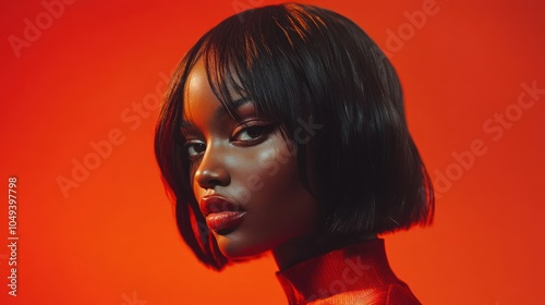 A striking portrait of a model with a bold hairstyle against a vivid background.