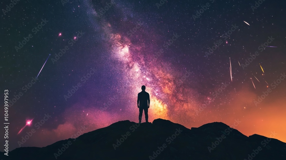 Fototapeta premium A lone figure stands on a mountaintop, silhouetted against the Milky Way and a night sky filled with shooting stars.