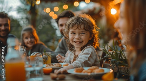A little girl smiles at the camera while sitting at a table with her family for a meal outdoors.