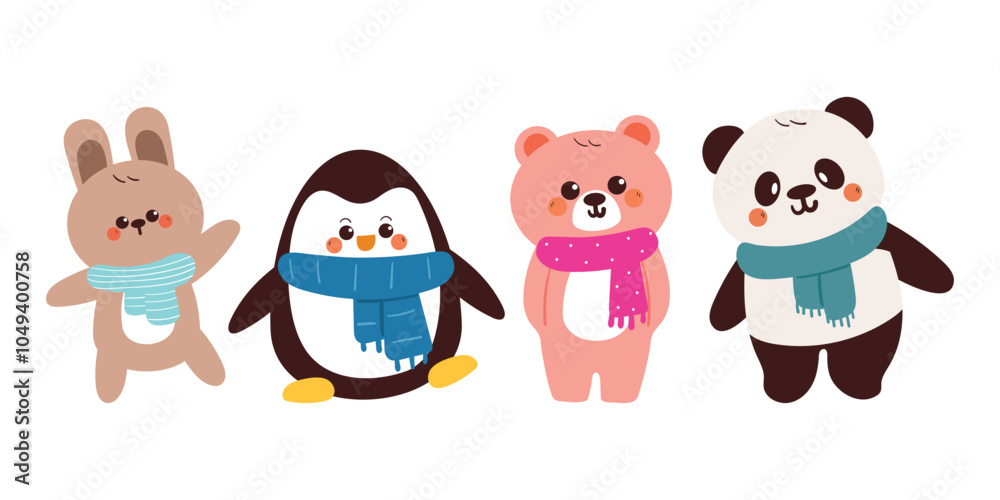 hand drawing cartoon winter animal sticker set. cute animal with scarf and sweater drawing, doodle set hand drawing cartoon winter animal sticker set. cute animal with scarf and sweater drawing, doodle set